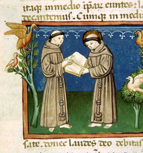 Średniowieczna iluminacja przedstawiająca św. Franciszka z Asyżu czytającego księgę z innym bratem zakonnym w otoczeniu ptaków.